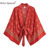 Boho Queens Red Floral Beach Kimono Short Robe Swimsuits Women Fashion Batwing Sleeves Rayon Bohemian Bikini Cover Ups Beachwear