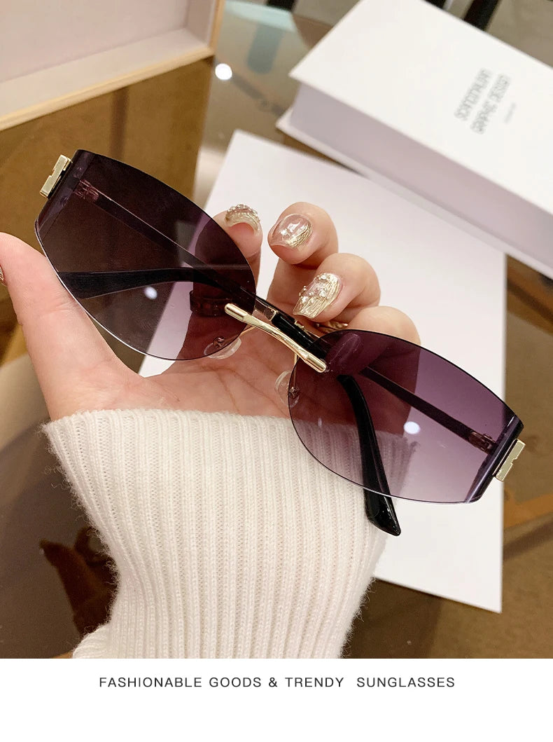 Rimless Oval Sunglasses Women UV400 Oversized Gradient Black Lenses Metal Frame Punk Decorative Glasses Men Goggles Female