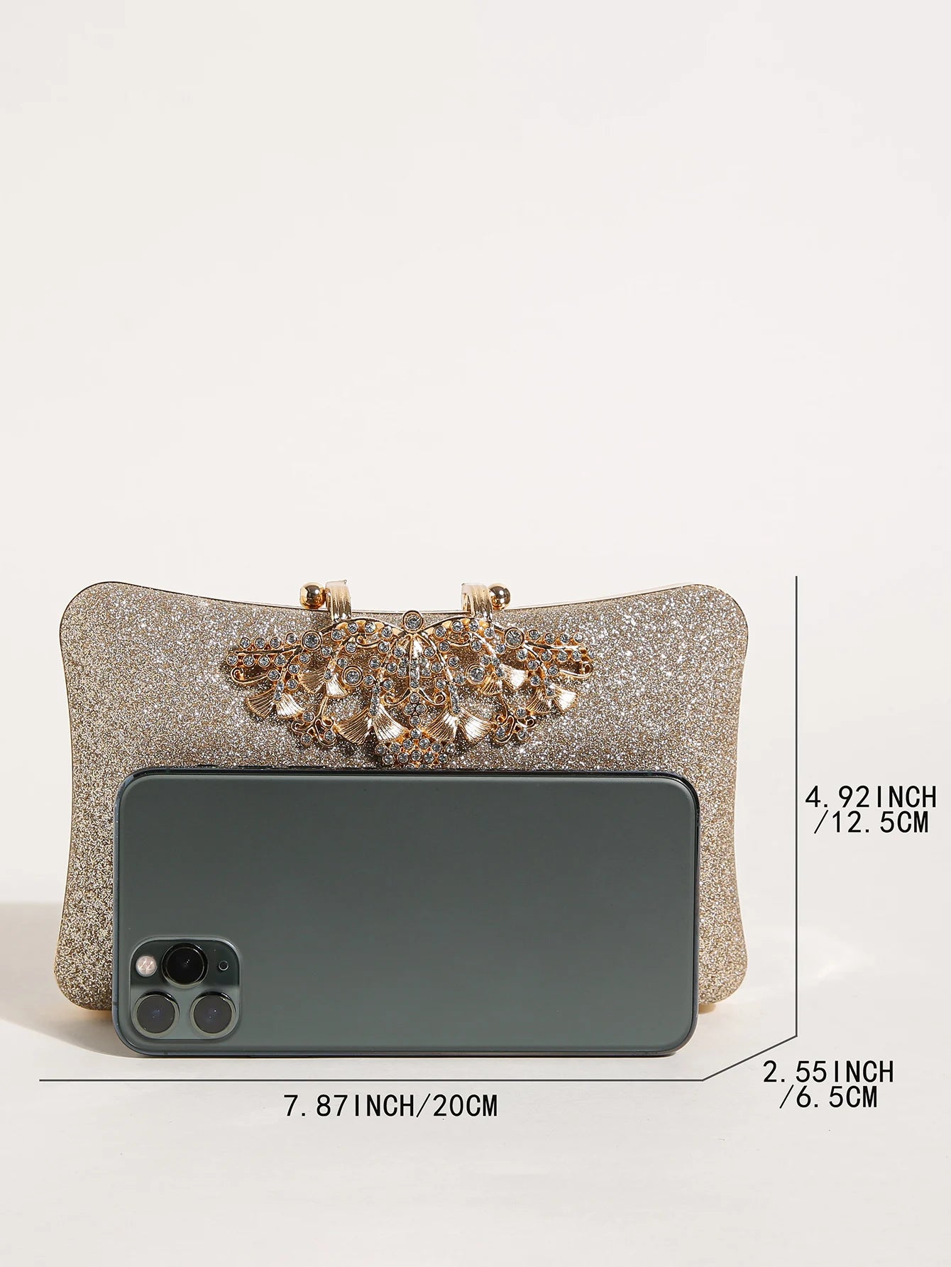 1PC Gold Glitter Clutch Box with Rhinestone Decor Cut-out Flower Flap Lock Closure Elegant Textured Frame Purse for Dinner