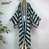 WINYI Kimono Africa Summer Boho Stripe Print Beach Swimwear Elegant Cardigan Sexy Holiday Maxi Beach Wear Swimsuit Evening Dress