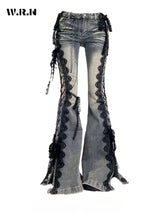 Retro Eyelets Lace Up Flare Jeans Stitch Lace Whiskers Slim Low Rise Split Bootcut Pants Women Bell Bottoms Streetwear
