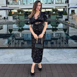 Sexy Hollow Lace Dress Women's Fashion Short Sleeve Elegant High Waist Slim Print Dress Summer Party Club Clothes Female 2026