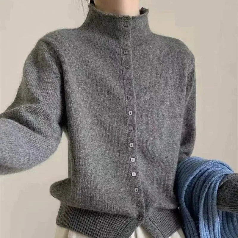 New Soft Comfortable Stand-Up Collar Sweater Cardigan Women Simple Single Breasted Cardigans Coat Autumn Solid Knitted Outerwear