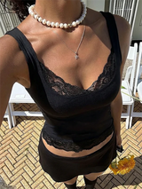 Dulzura Square Collar Backless Slim Lace Ruffles Patchwork Tank Top Women'S Fashion Sexy Y2K Top Party Vacation Summer Clothes