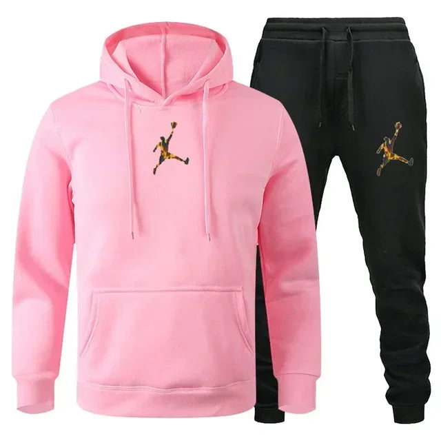 A 2-piece men's outdoor fitness sportswear set featuring a hooded long-sleeved sweatshirt, pullover and casual pants for autumn