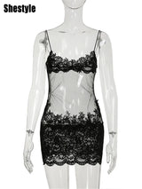 Shestyle Lace Transparent Mini Dress Sexy Women Wrapping Spaghetti Embroidery Flower Sheath Nightwear Club Mesh Wave Fantacy