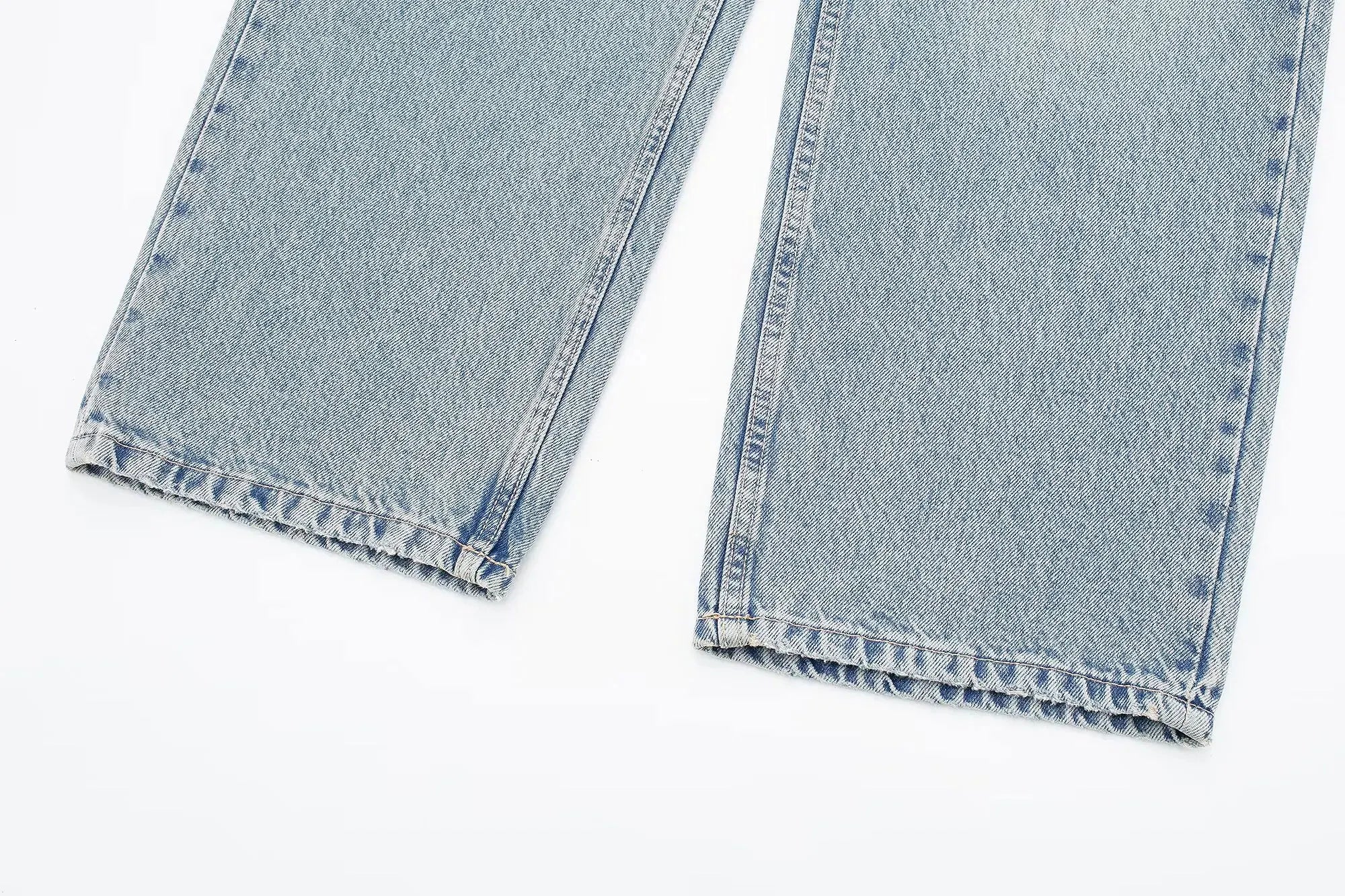 HH 2024 Women's Street Fashion Denim Blue Jeans Distressed Patchwork High Waist Zipper Fly Ripped Retro Long Pants