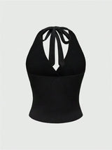Solid V-neck Backless Halter Crop Top for Women Summer Sexy Y2K Sleeveless Ruched Top Streetwear