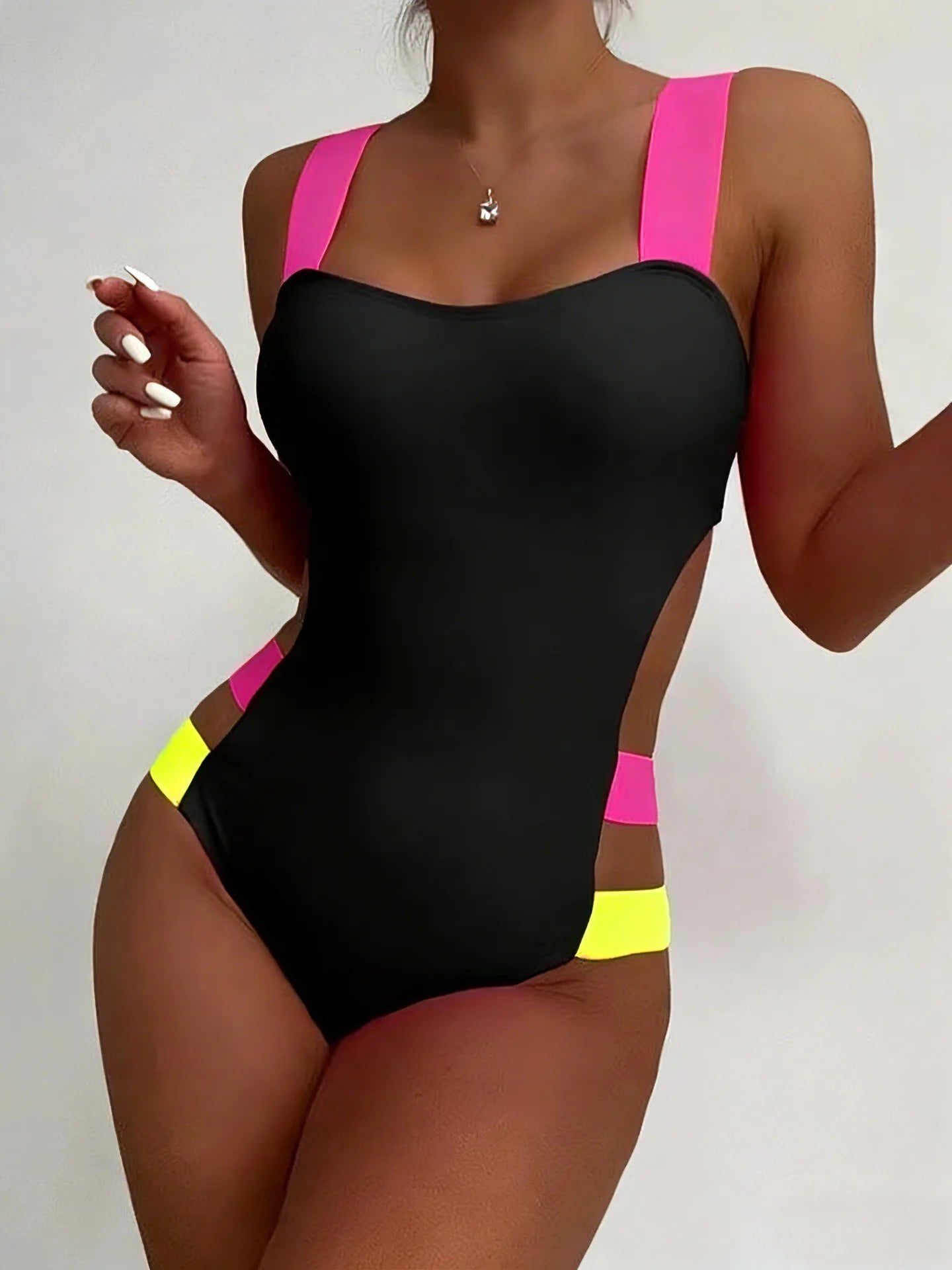 Sexy Black Contrast One Piece Swimsuit 2026 Women Neon Strap Hollow Out Backless Monokini Summer Bathing Suit Patchwork Swimwear