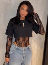 Sexy Women Crop Top+Lace Jacquard Full Sleeve Bodysuit Hottie Street Clubwear Slim Wild Matching Basic Skinny Tees