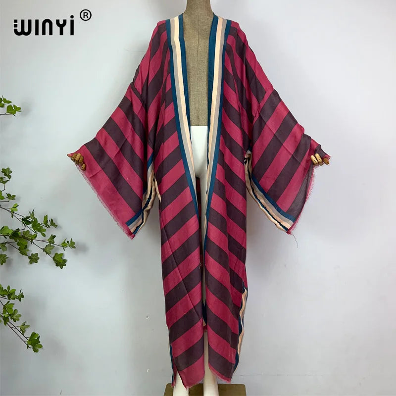 WINYI Kimono Africa Summer Boho Stripe Print Beach Swimwear Elegant Cardigan Sexy Holiday Maxi Beach Wear Swimsuit Evening Dress