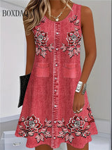 2025 Women Summer Sleeveless Bohemian Dress Fashion Imitate Cowboy Vest Flowers Print Dress Casual Tank Beach Dresses For Women