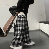 Oversize Women Sweatpants Fashion Black Plaid Casual Pants Baggy Elastic Waist Pockets Student Unisex Hip Hop Loose Trousers
