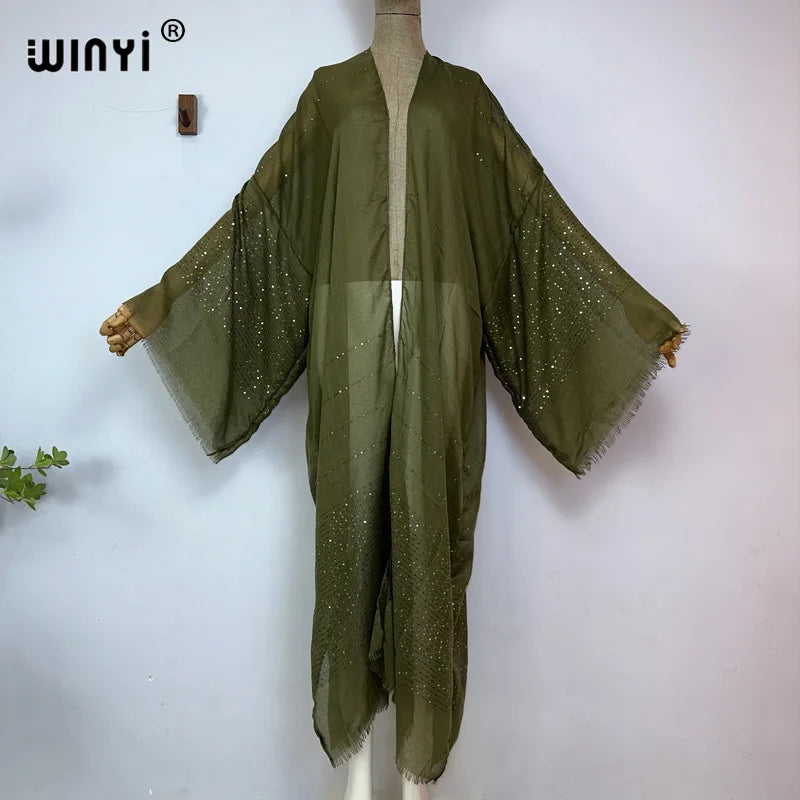 WINYI 2023 Women Bohemian Gold Thread Monochrome Elegant Casual Dress African Cardigans Outerwear For Women Summer Sexy Kimono