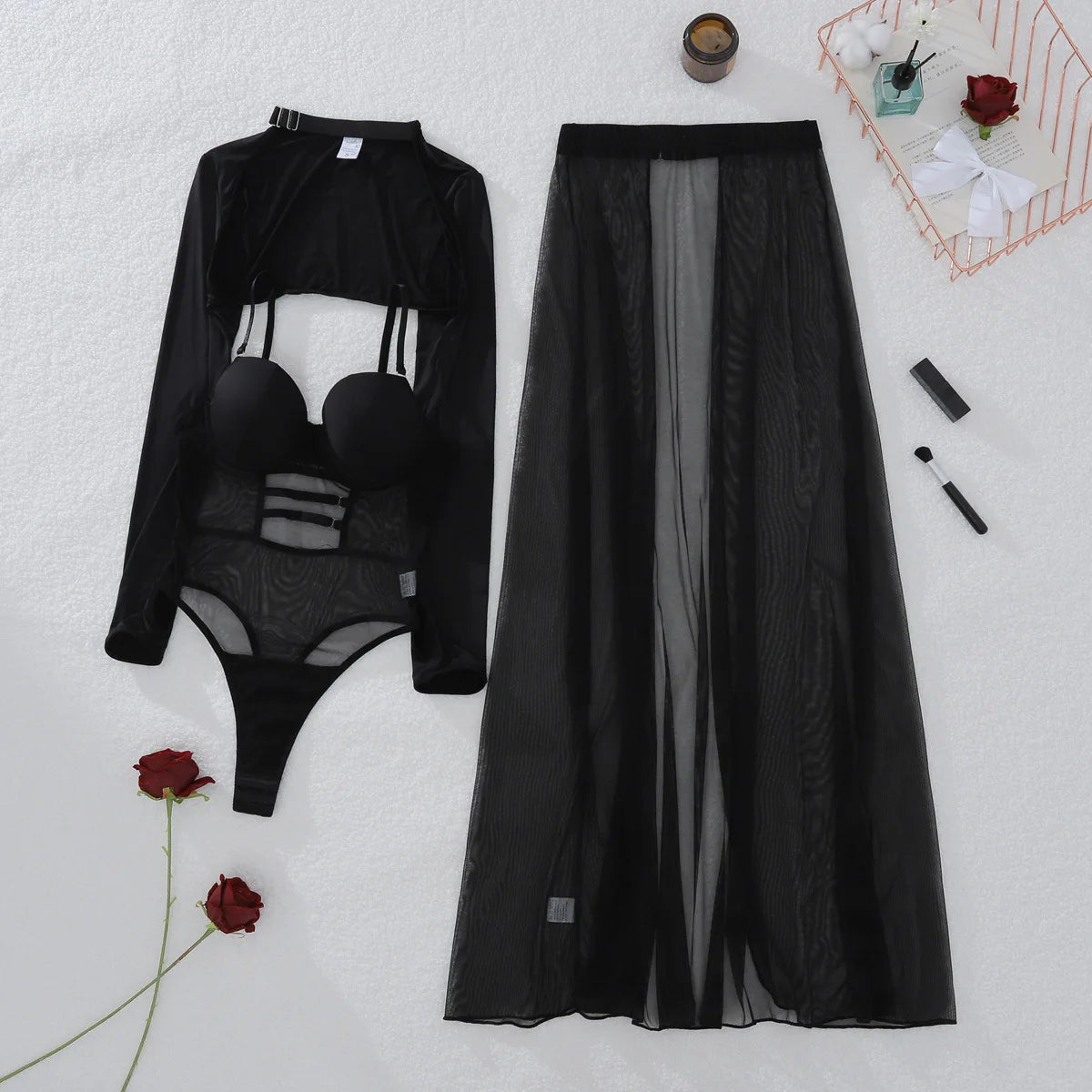 2025 New Perspective Mesh Body Shaping Jumpsuit Women's Sexy Splicing Split Skirt Female See Through Underwear 3-Piece Brief Set