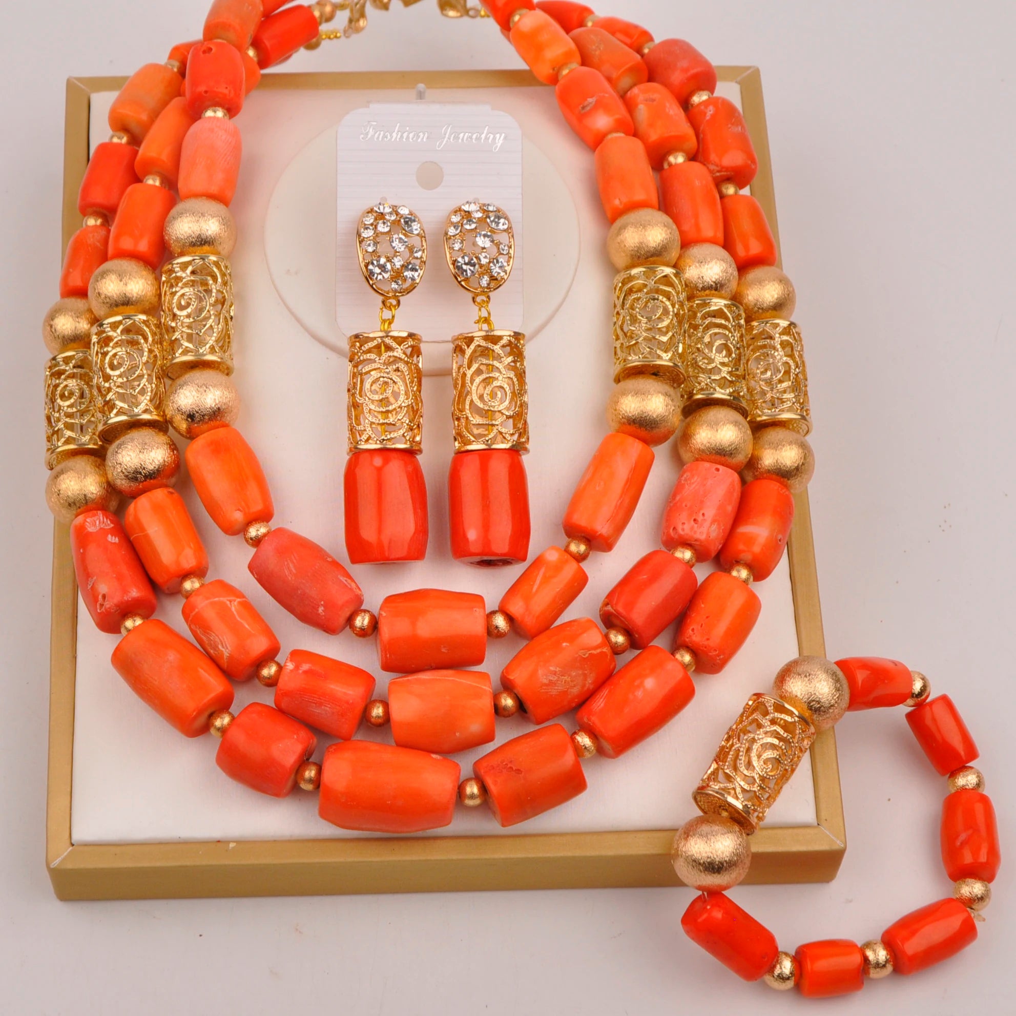 32inches 2Layers orange artifinal nigerian coral bead jewelry set wedding
