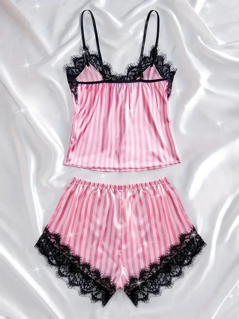 Summer Silk Satin Women's V-Neck Sexy Lace Suspender Pajama Shorts Set Stripes Heart Casual Women's Sleeveless Sexy Pajama Set