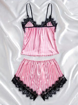Summer Silk Satin Women's V-Neck Sexy Lace Suspender Pajama Shorts Set Stripes Heart Casual Women's Sleeveless Sexy Pajama Set