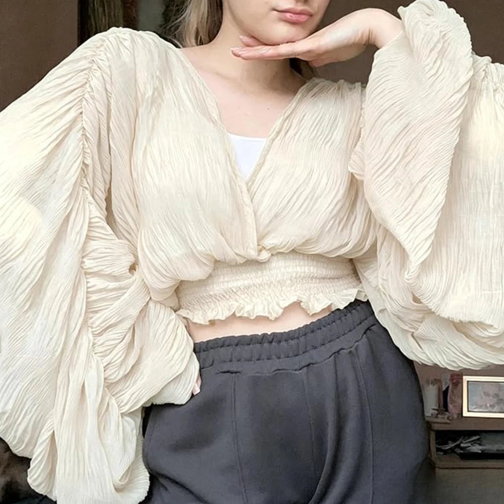 Summer Sexy Draped Chiffon Blouse For Women Elegant V-Neck Puff Long Sleeve Short Tops Female Slim Party Shirts 2022 New Fashion