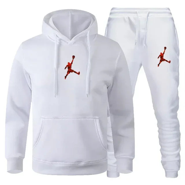 A 2-piece men's outdoor fitness sportswear set featuring a hooded long-sleeved sweatshirt, pullover and casual pants for autumn