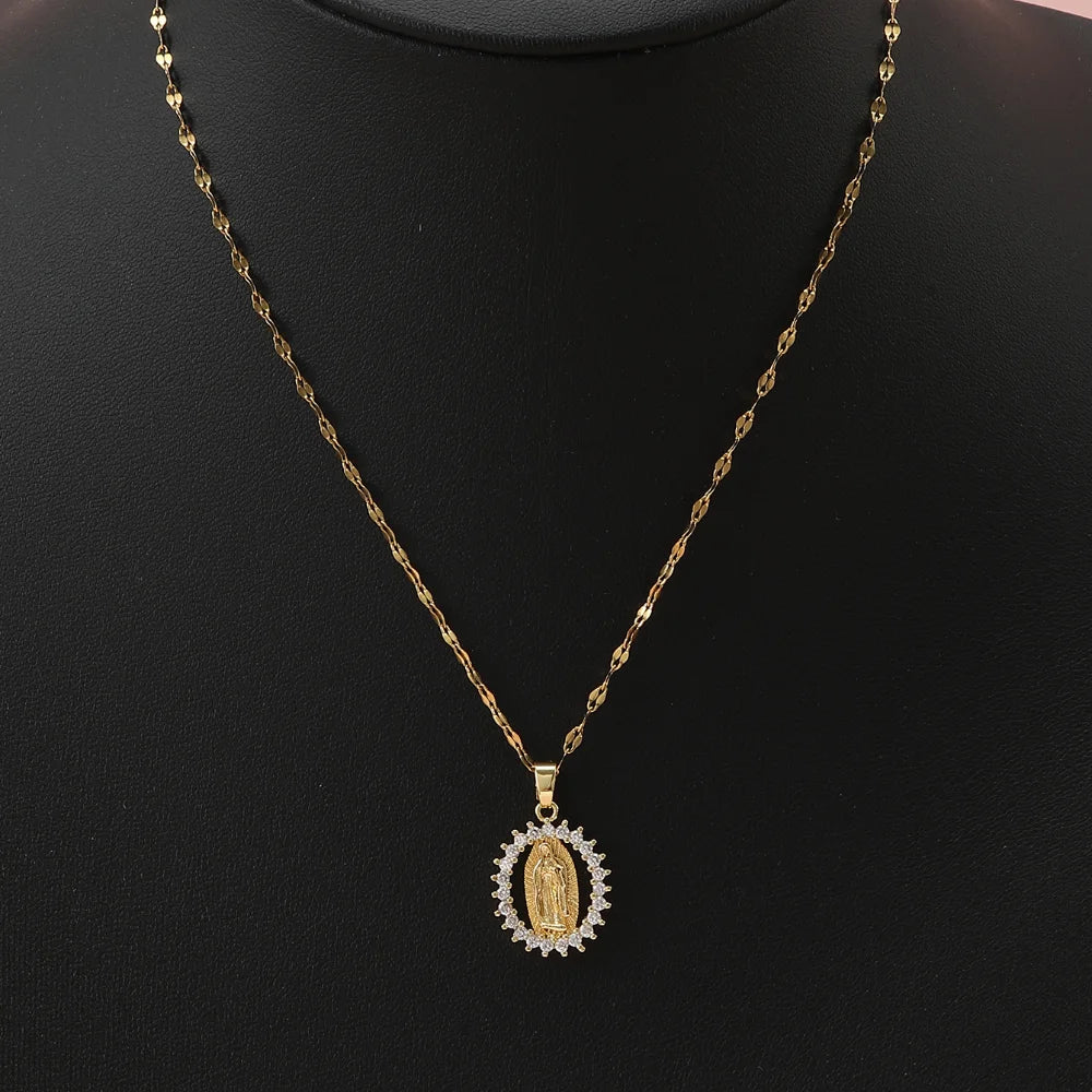 European and American Fashion and Gorgeous Women's All Sky Star Micro Inlaid Colorful Zircon Virgin Mary Hollow Necklace