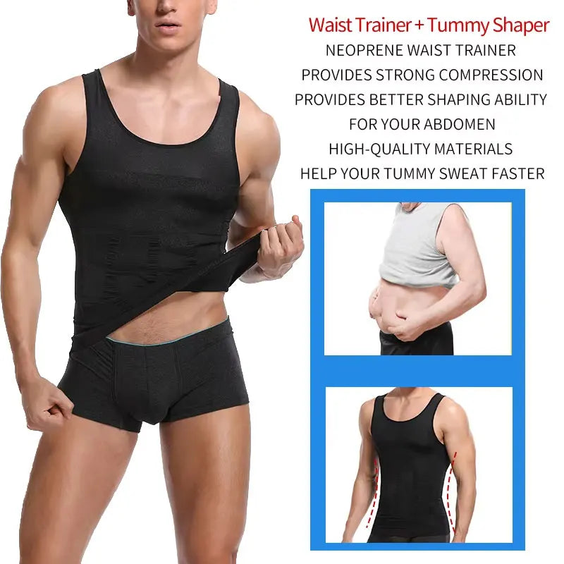 Men Slimming Body Shaper Abdomen Reducer Underwear Tank Top Sleevelss Wide Strap Shapewear Fitness Posture Correct Belly Abdominal Fat Reducer Vest Breathable Soft Waist Trainer S-3XL