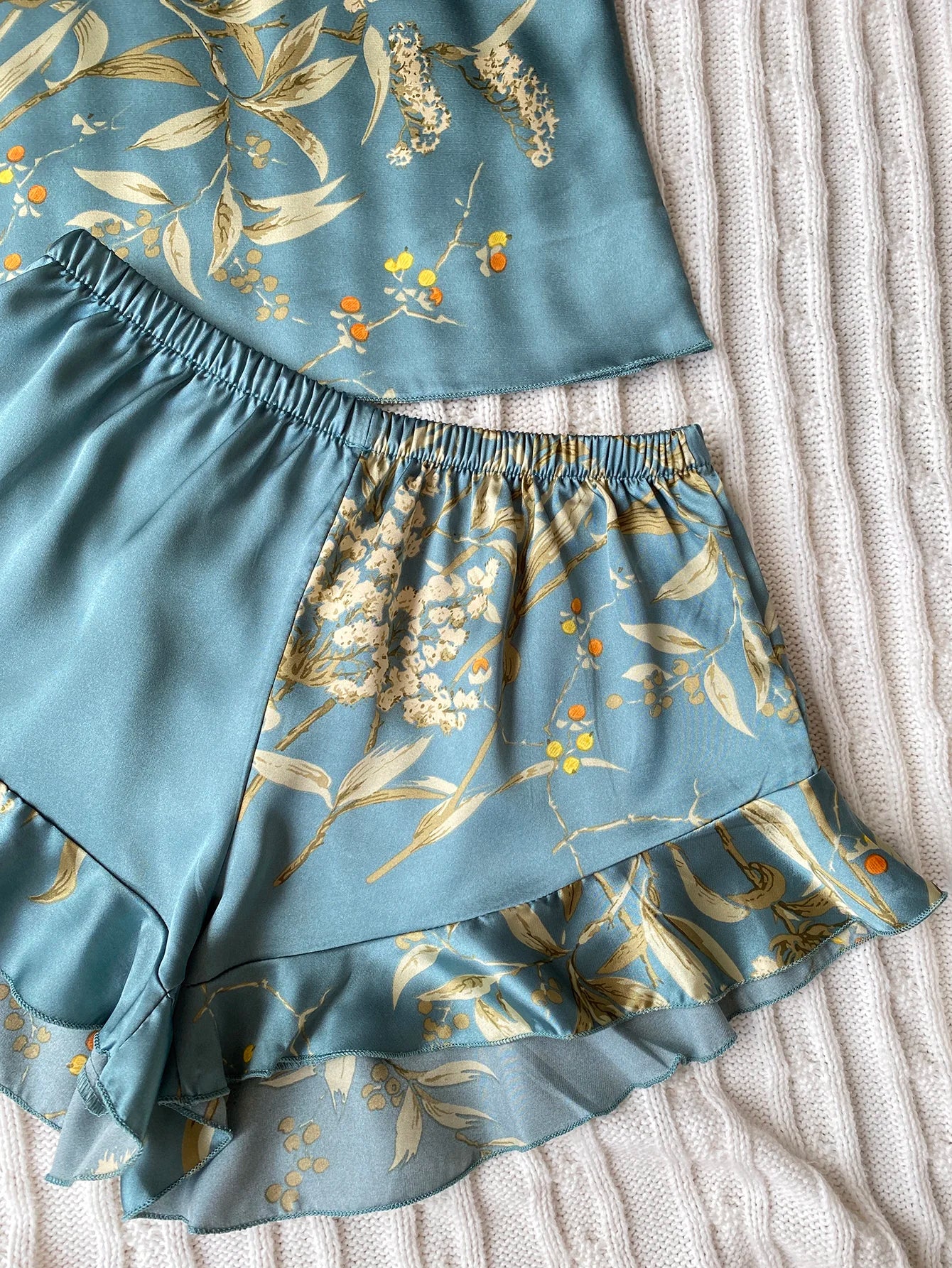 Elegant Floral Print Cami Tops Ruffle Hem Shorts Pajama Set  Women's Sleepwear Loungewear