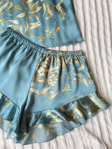 Elegant Floral Print Cami Tops Ruffle Hem Shorts Pajama Set  Women's Sleepwear Loungewear