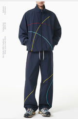 Unisex 2‑Pieces Tracksuit Set Color Contrast Stitching Stand Collar Zip‑Up Jacket Wide Leg Pants Windproof Outdoor Hiking Set