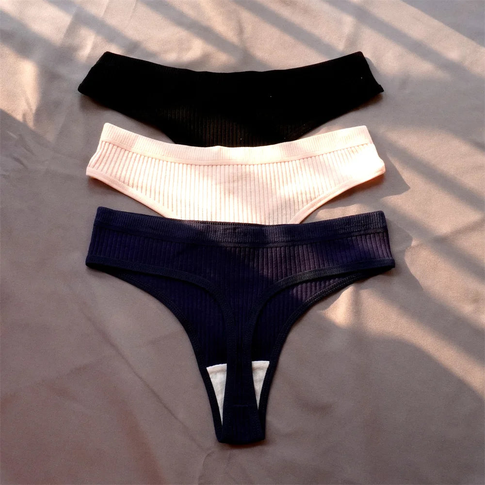 3 Pcs Seamless Ladies Ribbed Cotton Thong Simple Women's Low Waist Bikini Briefs Sports Girls Underwear Plus Size