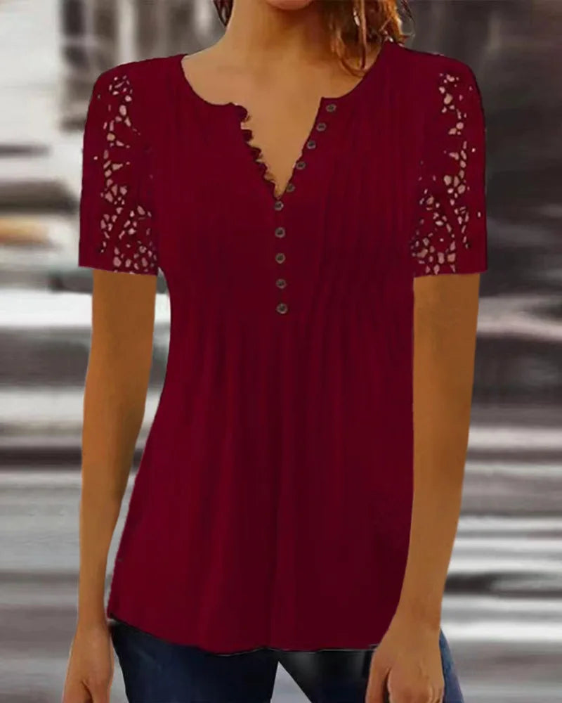 Summer Spring New Women's Loose and Comfortable Casual Lace V Neck Printed Blouse Floral Short Sleeve Elegant Fashion Shirt