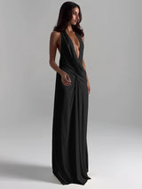 Sisterlinda Sexy High Splits Long Dress Women Halter Deep V-Neck Backless Sleeveless Summer Pool Party Ruched Elegant Vestidos