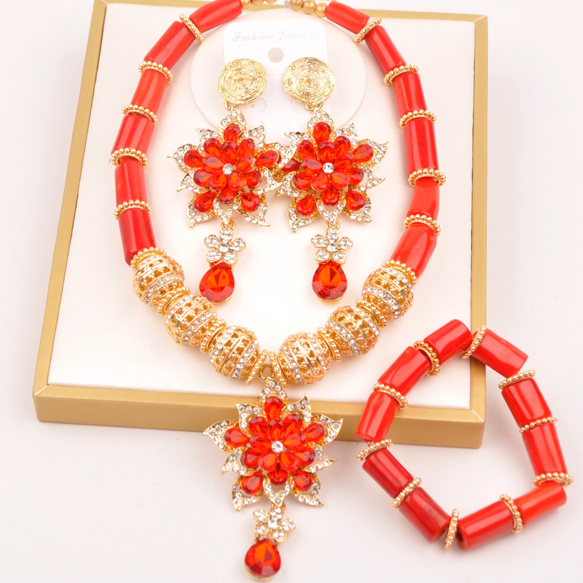 32inches 2Layers orange artifinal nigerian coral bead jewelry set wedding