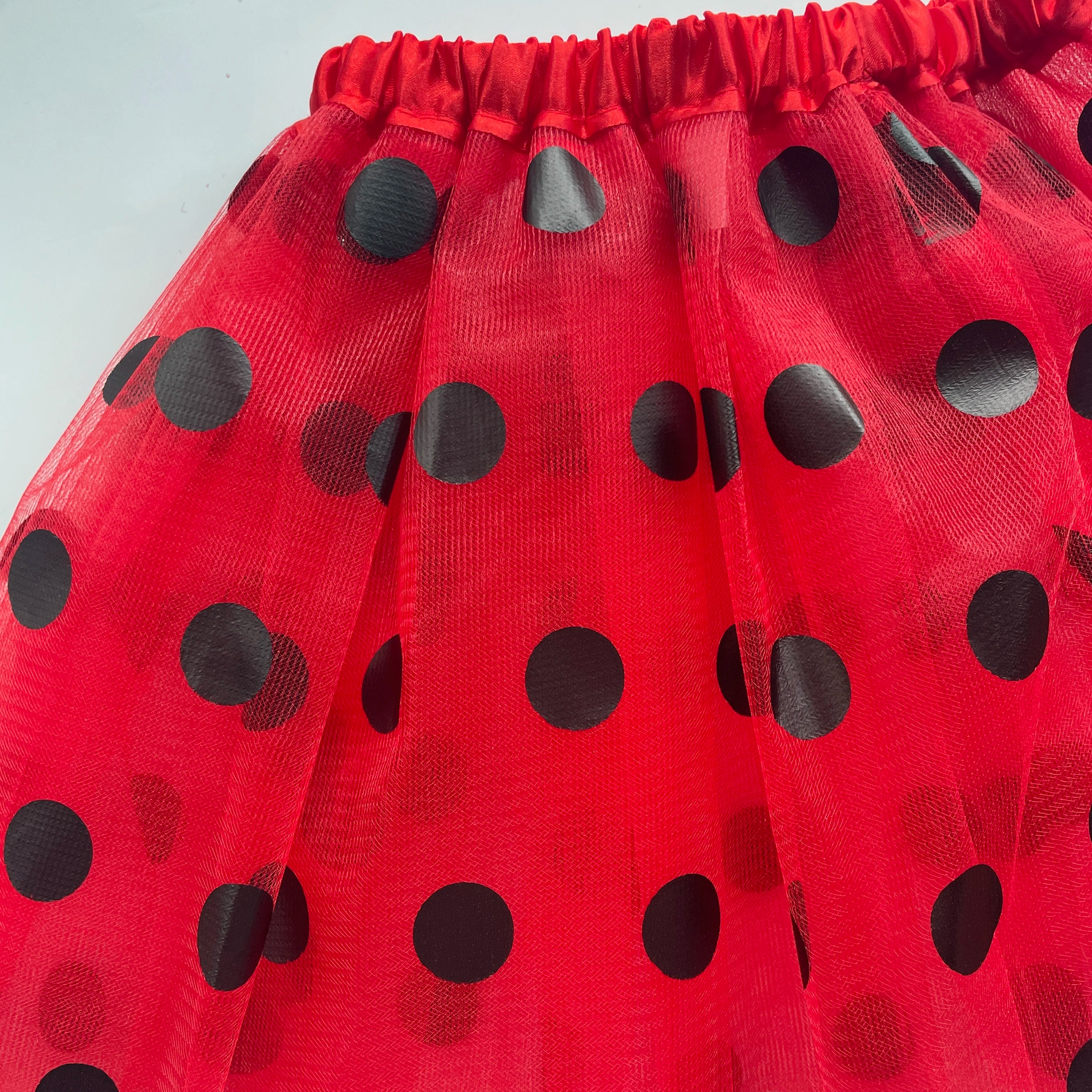 Children's mesh dress half skirt with big black dots, bee or ladybug dress, holiday carnival mini skirt