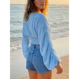 Summer Sexy Draped Chiffon Blouse For Women Elegant V-Neck Puff Long Sleeve Short Tops Female Slim Party Shirts 2022 New Fashion