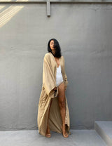 Solid Beach Cover Up Women Self Belted Wrap Kimono Dress Swimsuit 2025 New Robe Summer Beachwear Factory Supply