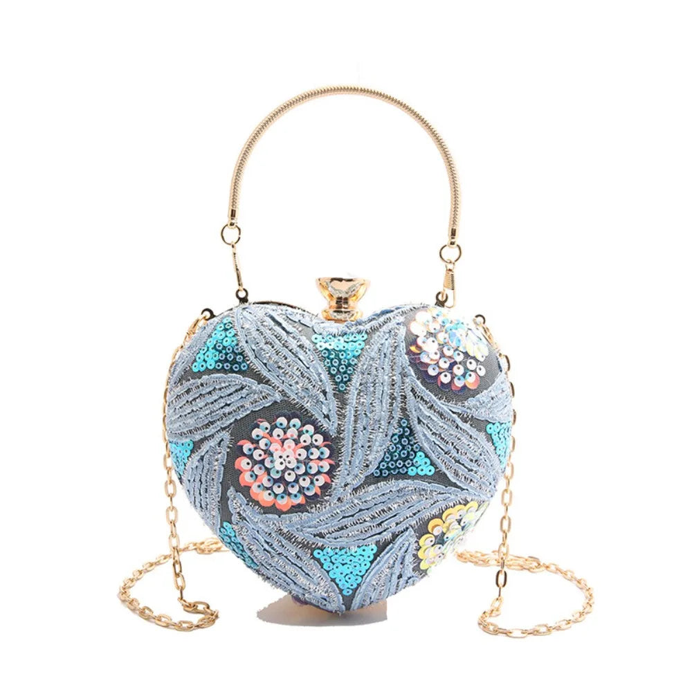 Wrist Bag Glitter Sequin Evening Banquet Bag Embroidery Elegant Heart Shape Handbag Sweet Large Capacity Ladies Clutch Bag Party