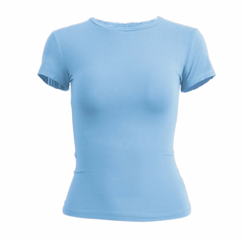 New Women Clothing Short Sleeve T-shirt Slim Fit Tops Y2K Female O-Neck Knitted Sheath Tee Shirt Street Wear Sex Sporty