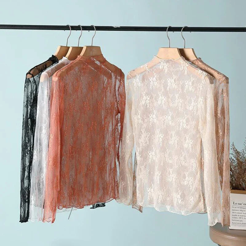 Women Elegant High Neck Polka Dot Blouse Mesh Lace Stitching Puff Long Sleeve Shirt Slim Fit Office Ladies Fashion Daily Tops