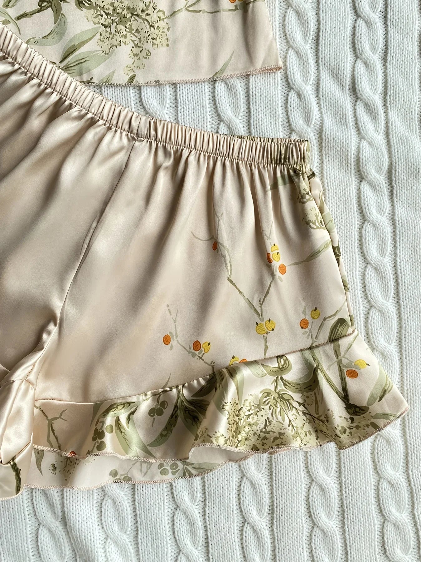 Elegant Floral Print Cami Tops Ruffle Hem Shorts Pajama Set  Women's Sleepwear Loungewear