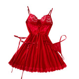 Sexy Bra And Garter Belt Lingerie Hot Red Babydoll Dress Erotic Women Exquisite 3-Piece Sets Thong Nightgown Set With Leg Rings