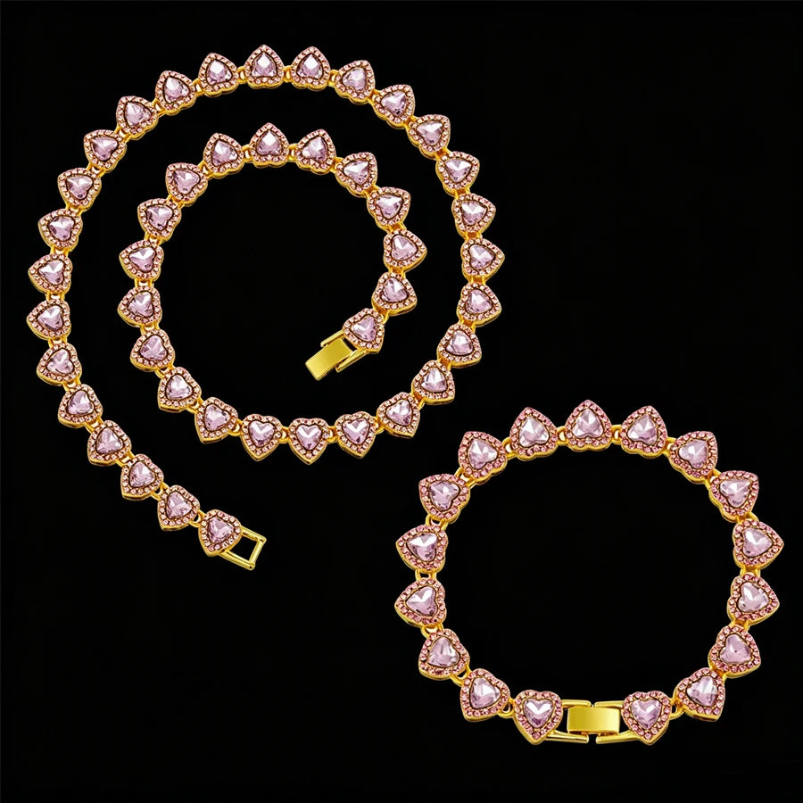 Yupsk 45CM/20CM Shiny Heart Rhinestone Hip Hop Rock Tennis Chain Bracelet Necklace for Women Men Trendy Jewelry Set Gift