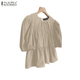 ZANZEA Women Summer Tops Short Sleeve Blouse 2025 Casual Solid Color Tunic Female Ruffled Round Neck Pleated Blusas Oversized