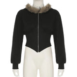 Goth Dark Autumn Winter Faux Fur Collar Solid Hooded Coats Women Casual Slim Waist Zip Hoodies Gothic Jackets Chic Streetwear