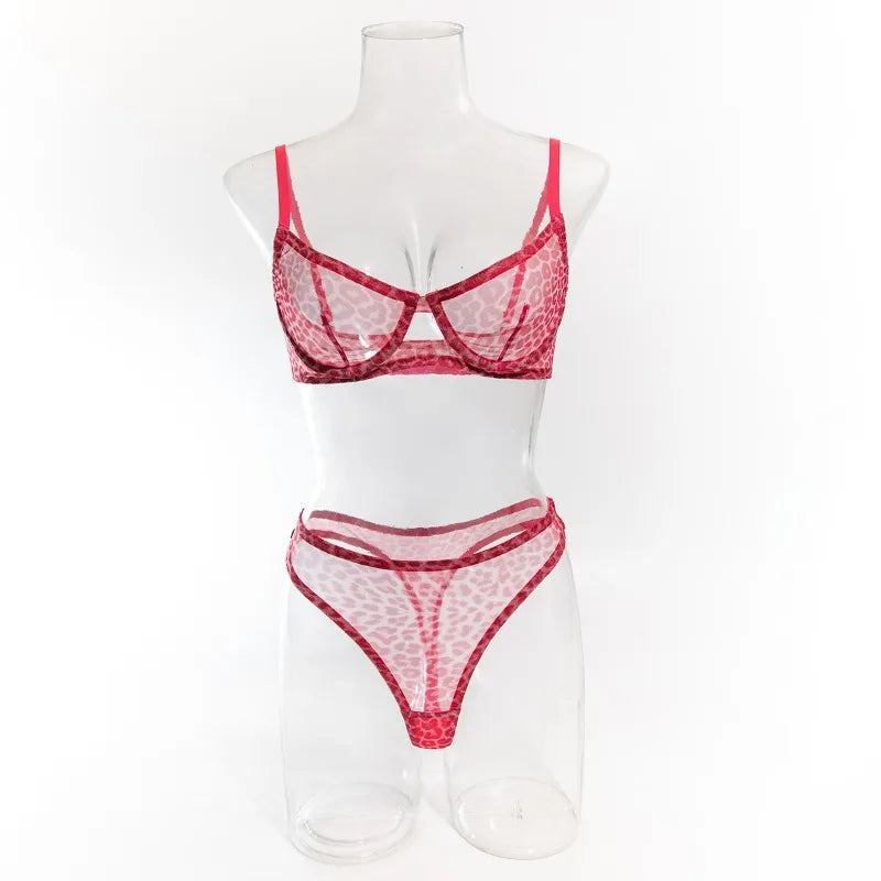 Toucheart 2-Piece Sexy Leopard Print Lingerie Set Bra Women Hollow Sexy Lingerie Thin Mesh Patchwork Print See-Through Sexy Set