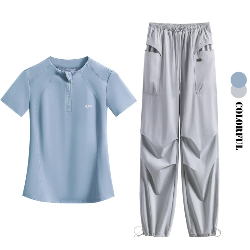 DRUR Summer Hiking Tracksuit Women Breathable Quick Dry Running Set  2 Piece Gym Outfit Slim Fit Sports Top Cargo Pants Suit New