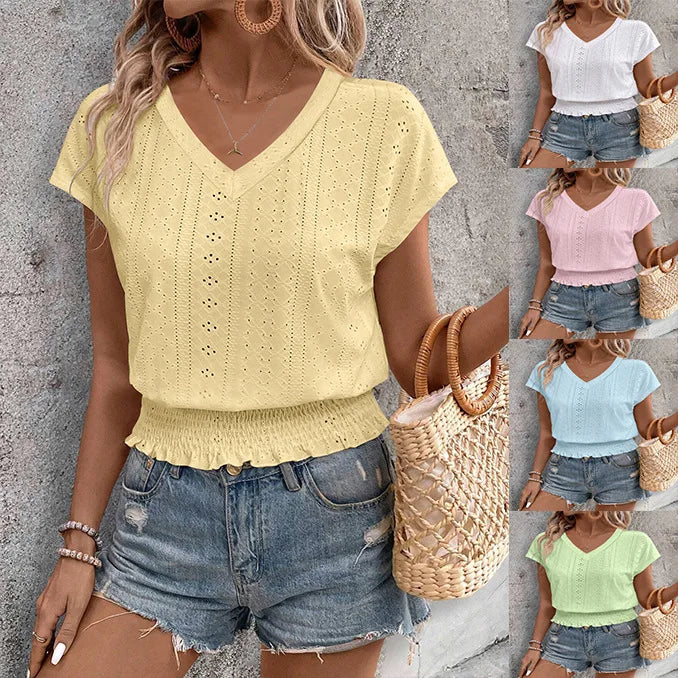 2025 Spring Summer New Fashion Blouses Solid V-Neck Jacquard Hollow-Out Smocking Short-Sleeve Shirts Fashion Casual Women's Tops