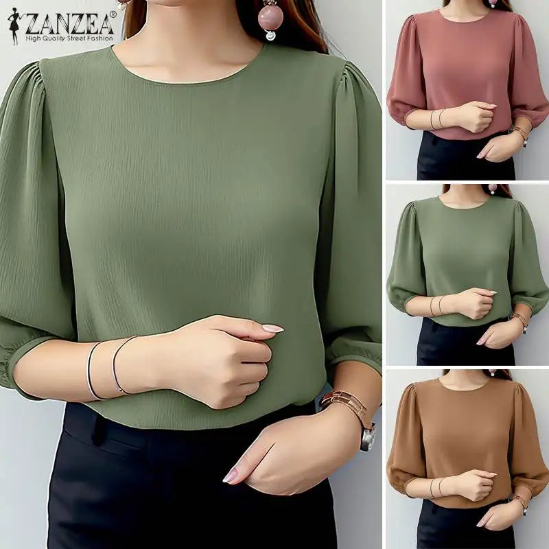 ZANZEA Women Crinkled Texture Puff Sleeve Blouse, Elegant O Neck 3/4 Sleeve Blusas Mujer, Summer Fashion Solid Color Casual Tops
