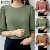 ZANZEA Women Crinkled Texture Puff Sleeve Blouse, Elegant O Neck 3/4 Sleeve Blusas Mujer, Summer Fashion Solid Color Casual Tops