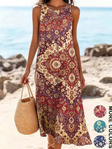 2026 Women's Sleeveless Bohemian Floral Casual Beach MIDI Sundress With Pockets Flowing and Loose Sweetheart Rustic Country